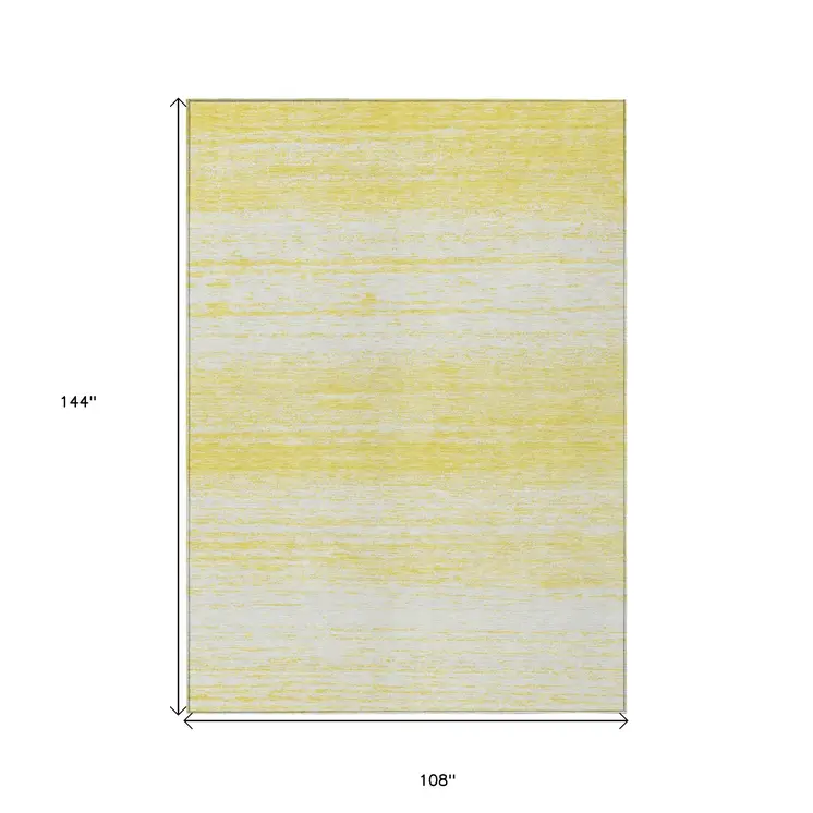 9' X 12' Yellow And Ivory Striped Washable Indoor Outdoor Area Rug
