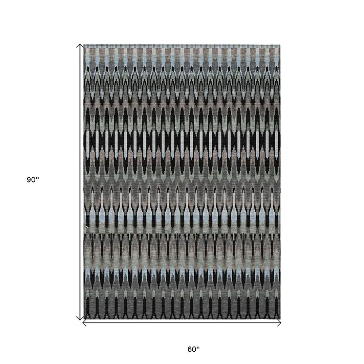 5' X 8' Black Gray And Blue Southwestern Washable Indoor Outdoor Area Rug