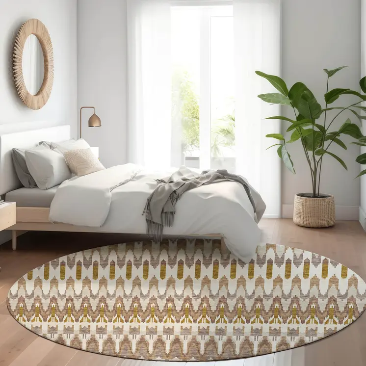 8' Brown Beige And Taupe Round Southwestern Washable Indoor Outdoor Area Rug