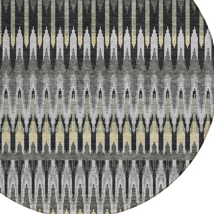 8' Charcoal Gray And Beige Round Southwestern Washable Indoor Outdoor Area Rug