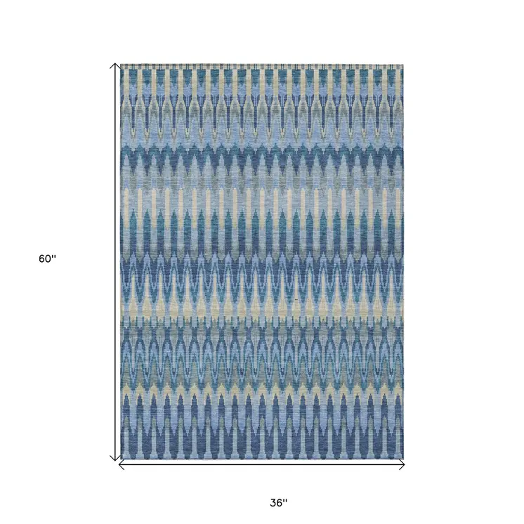 3' X 5' Denim Blue And Sky Blue Southwestern Washable Indoor Outdoor Area Rug