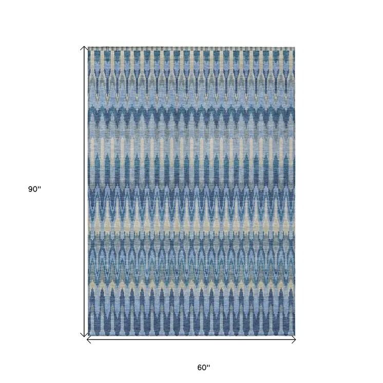 5' X 8' Denim Blue And Sky Blue Southwestern Washable Indoor Outdoor Area Rug