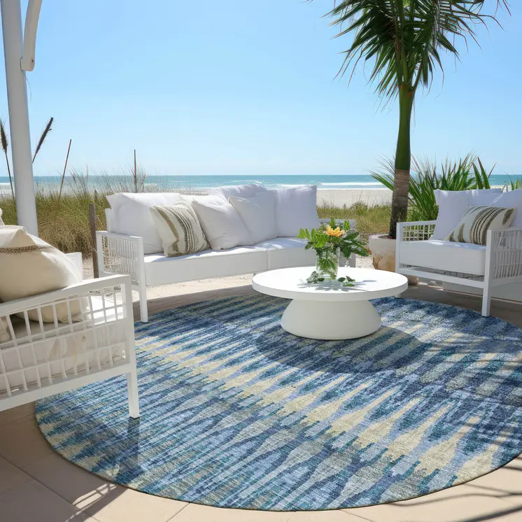 8' Denim Blue And Sky Blue Round Southwestern Washable Indoor Outdoor Area Rug