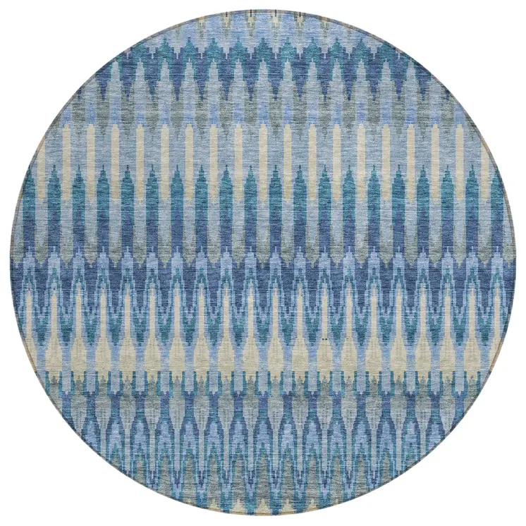 8' Denim Blue And Sky Blue Round Southwestern Washable Indoor Outdoor Area Rug