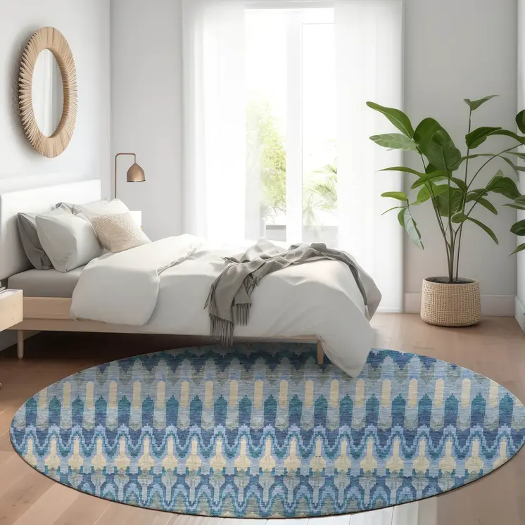 8' Denim Blue And Sky Blue Round Southwestern Washable Indoor Outdoor Area Rug