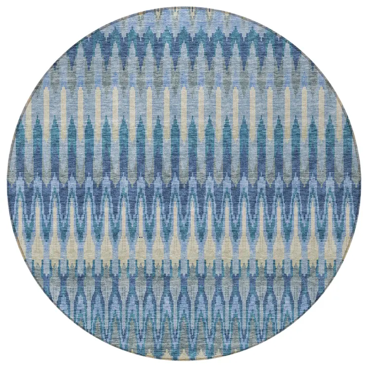 8' Denim Blue And Sky Blue Round Southwestern Washable Indoor Outdoor Area Rug