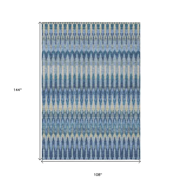 9' X 12' Denim Blue And Sky Blue Southwestern Washable Indoor Outdoor Area Rug