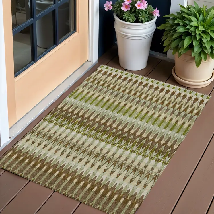 3' X 5' Artichoke Green And Brown Southwestern Washable Indoor Outdoor Area Rug