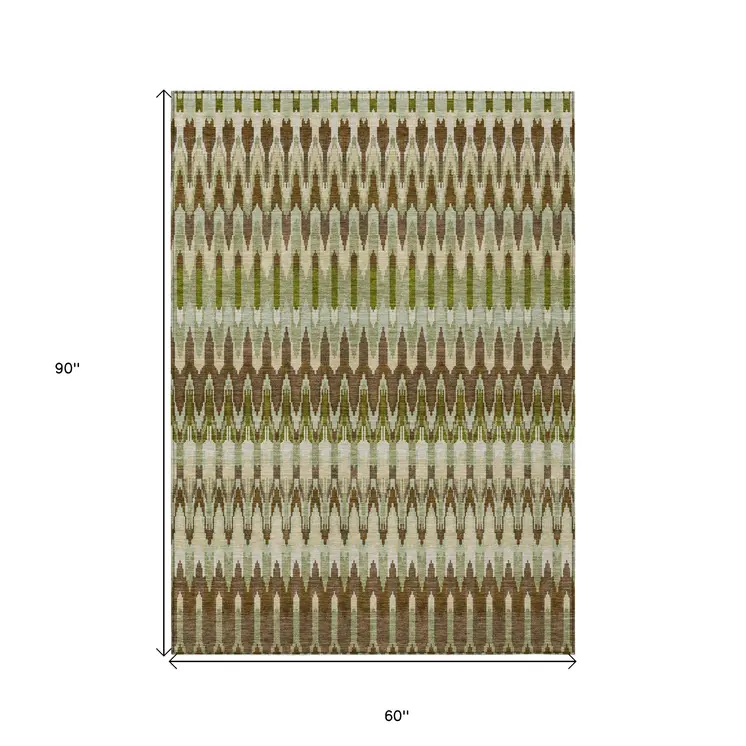 5' X 8' Artichoke Green And Brown Southwestern Washable Indoor Outdoor Area Rug