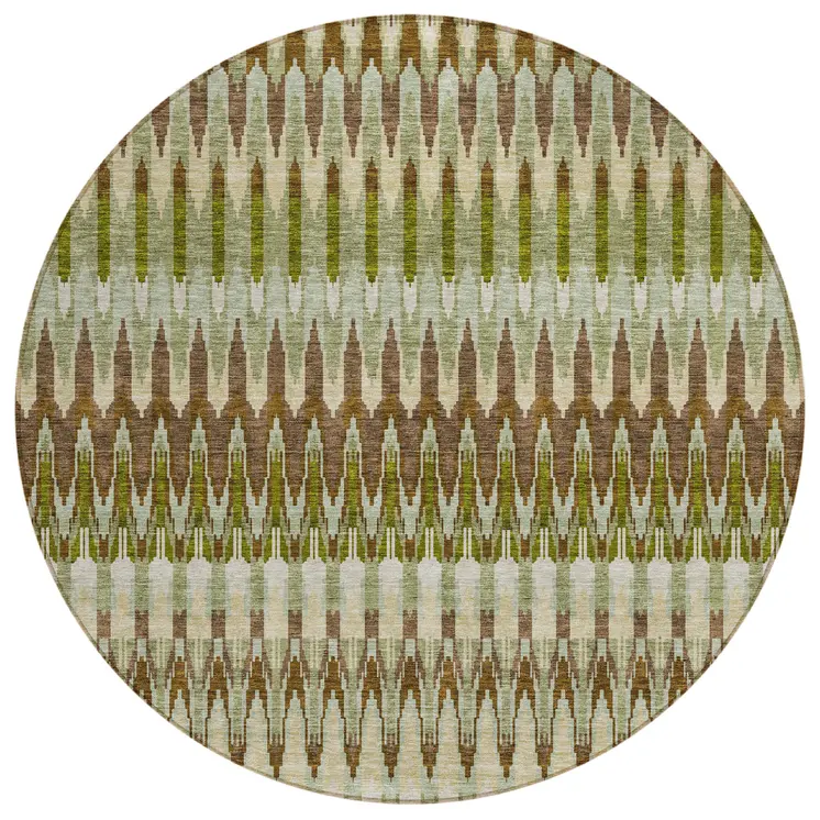 8' Artichoke Green And Brown Round Southwestern Washable Indoor Outdoor Area Rug