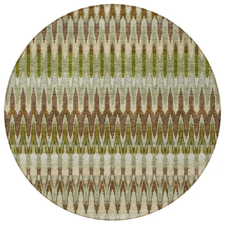 8' Artichoke Green And Brown Round Southwestern Washable Indoor Outdoor Area Rug
