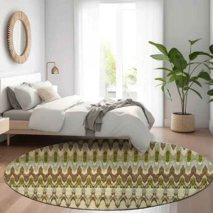 8' Artichoke Green And Brown Round Southwestern Washable Indoor Outdoor Area Rug