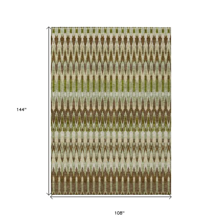 9' X 12' Artichoke Green And Brown Southwestern Washable Indoor Outdoor Area Rug