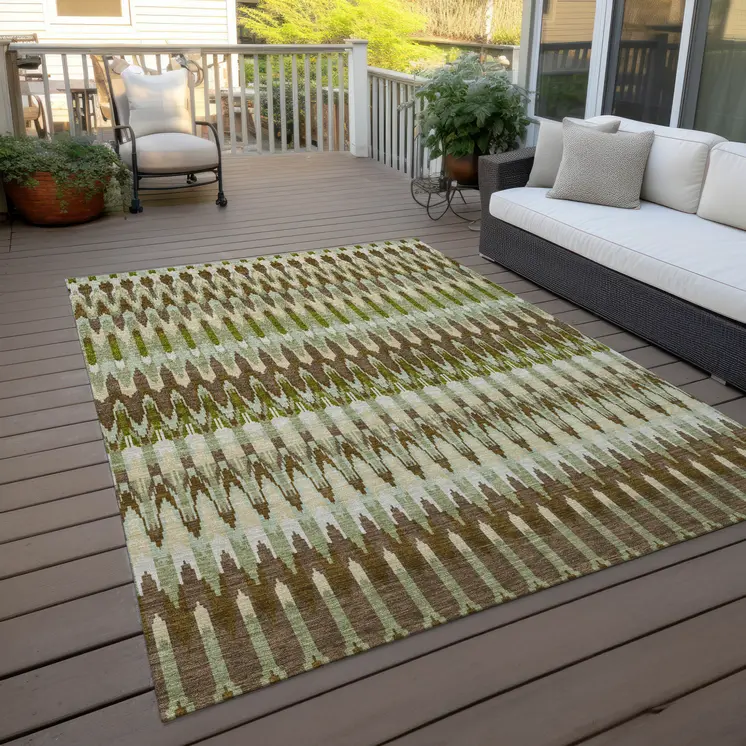 9' X 12' Artichoke Green And Brown Southwestern Washable Indoor Outdoor Area Rug