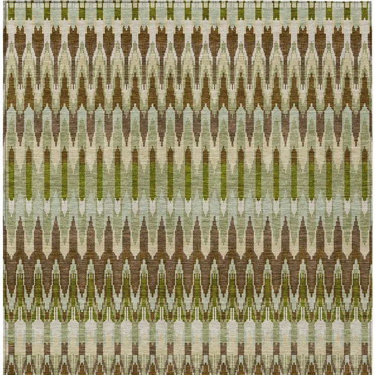 9' X 12' Artichoke Green And Brown Southwestern Washable Indoor Outdoor Area Rug