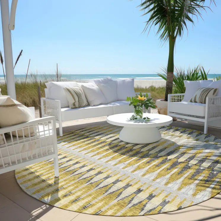8' Gold Beige And Gray Round Southwestern Washable Indoor Outdoor Area Rug