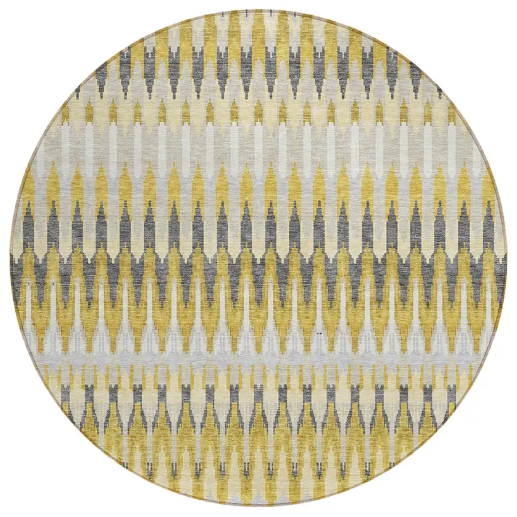 8' Gold Beige And Gray Round Southwestern Washable Indoor Outdoor Area Rug