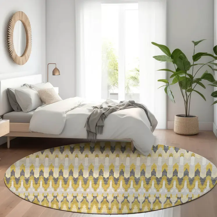 8' Gold Beige And Gray Round Southwestern Washable Indoor Outdoor Area Rug