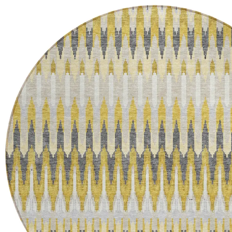 8' Gold Beige And Gray Round Southwestern Washable Indoor Outdoor Area Rug