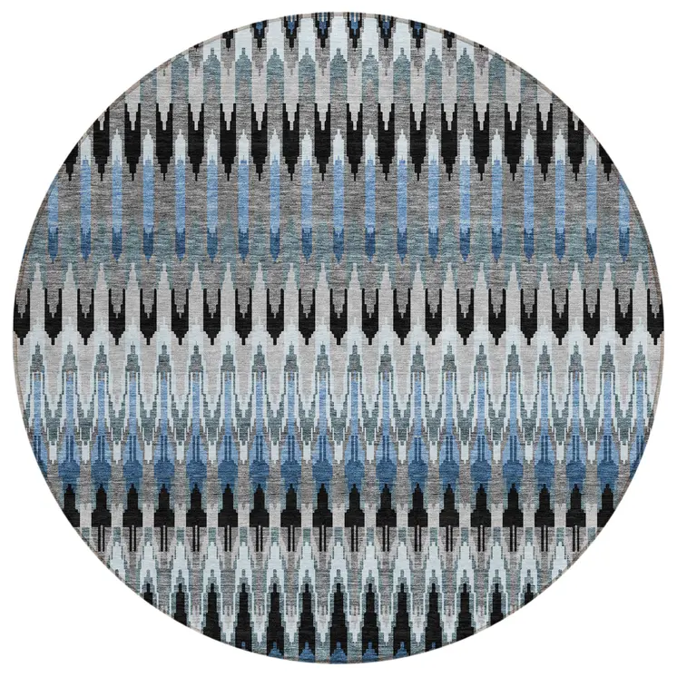 8' Gray Charcoal And Silver Round Southwestern Washable Indoor Outdoor Area Rug