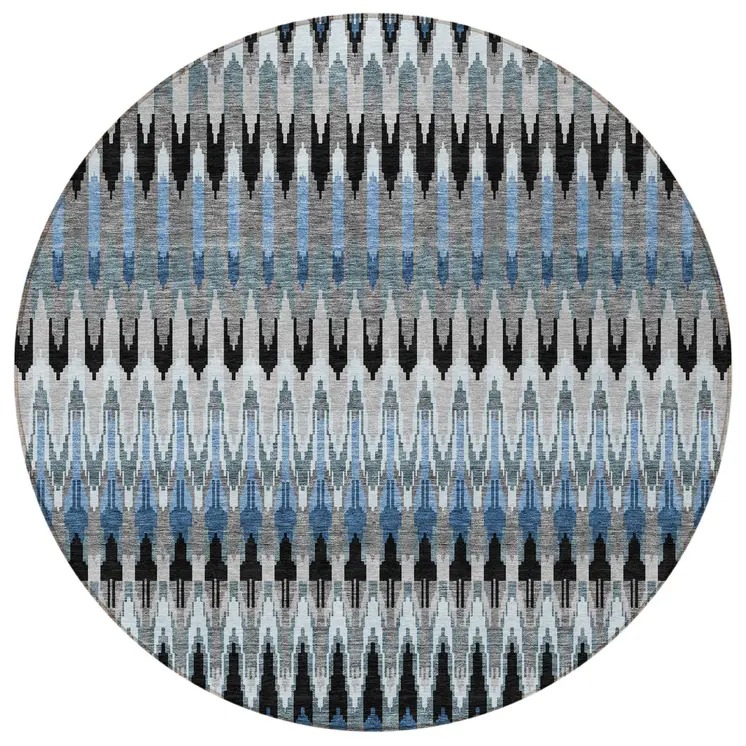 8' Gray Charcoal And Silver Round Southwestern Washable Indoor Outdoor Area Rug