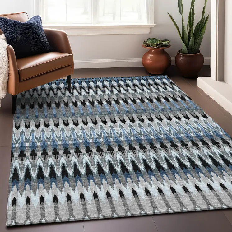 8' X 10' Gray Charcoal And Silver Southwestern Washable Indoor Outdoor Area Rug