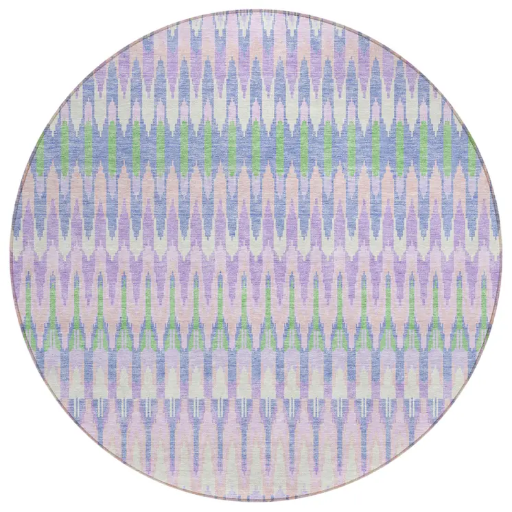 8' Lavender Pink And Lime Green Round Southwestern Washable Indoor Outdoor Area Rug