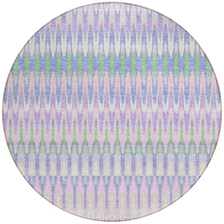 8' Lavender Pink And Lime Green Round Southwestern Washable Indoor Outdoor Area Rug