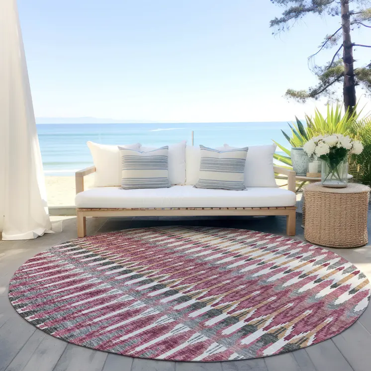 8' Mauve Merlot And Ivory Round Southwestern Washable Indoor Outdoor Area Rug