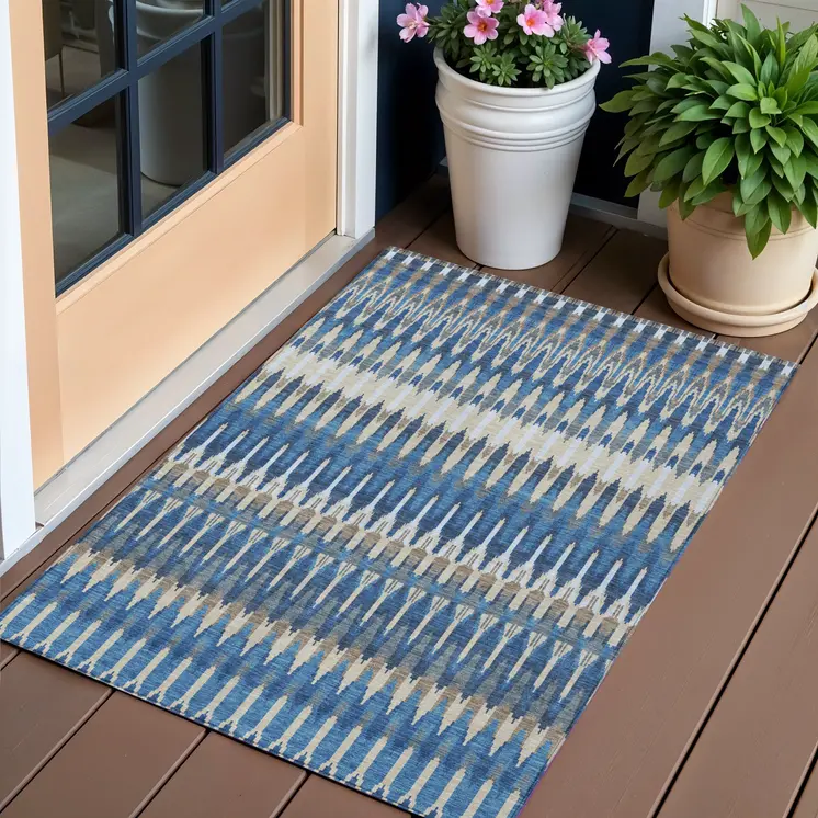 3' X 5' Navy Blue Denim Blue And Ivory Southwestern Washable Indoor Outdoor Area Rug