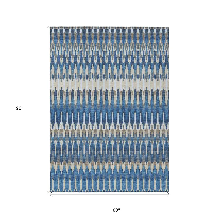 5' X 8' Navy Blue Denim Blue And Ivory Southwestern Washable Indoor Outdoor Area Rug