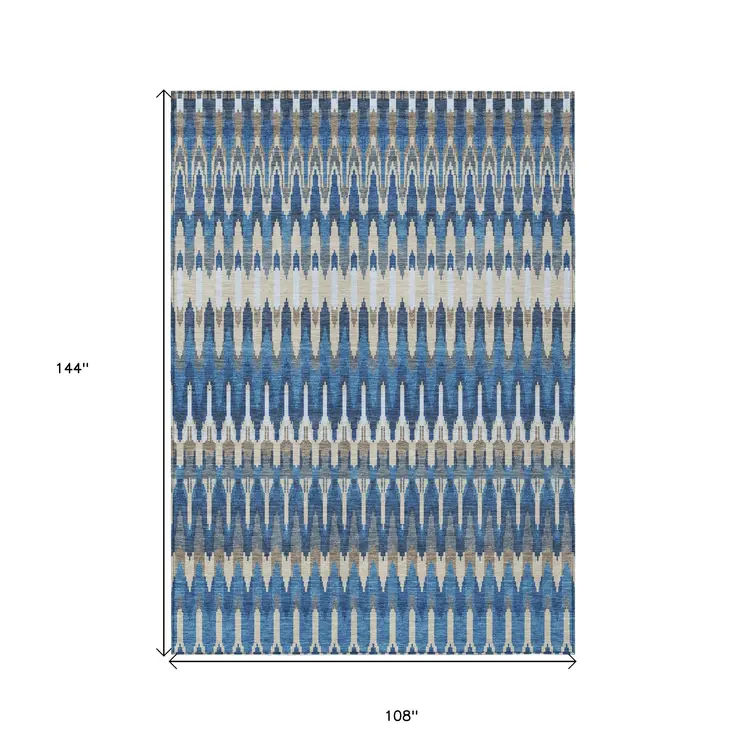 9' X 12' Navy Blue Denim Blue And Ivory Southwestern Washable Indoor Outdoor Area Rug