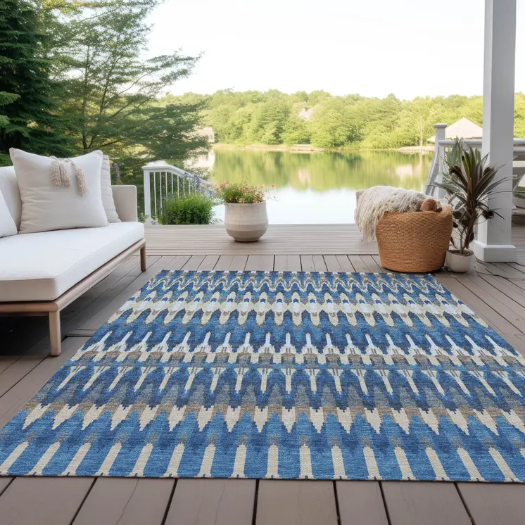 9' X 12' Navy Blue Denim Blue And Ivory Southwestern Washable Indoor Outdoor Area Rug