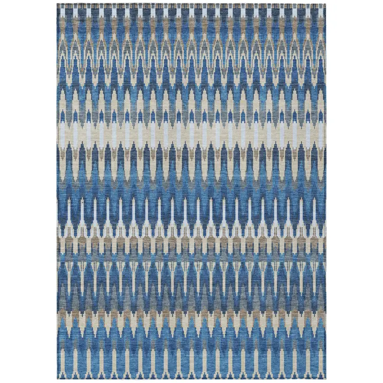 9' X 12' Navy Blue Denim Blue And Ivory Southwestern Washable Indoor Outdoor Area Rug