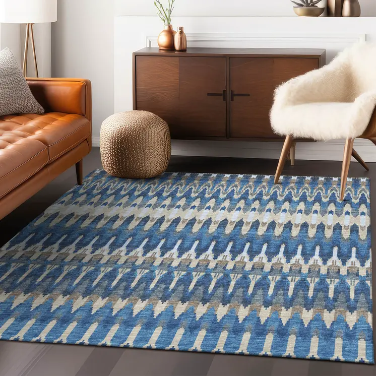 9' X 12' Navy Blue Denim Blue And Ivory Southwestern Washable Indoor Outdoor Area Rug