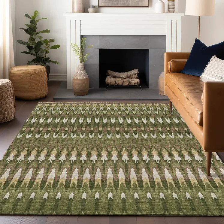 3' X 5' Olive Green Brown And Gold Southwestern Washable Indoor Outdoor Area Rug