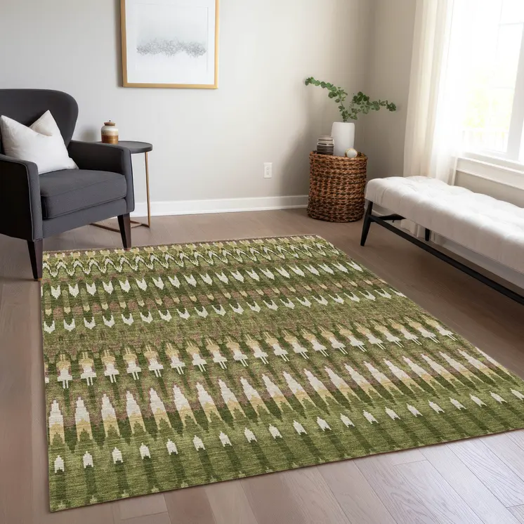 3' X 5' Olive Green Brown And Gold Southwestern Washable Indoor Outdoor Area Rug