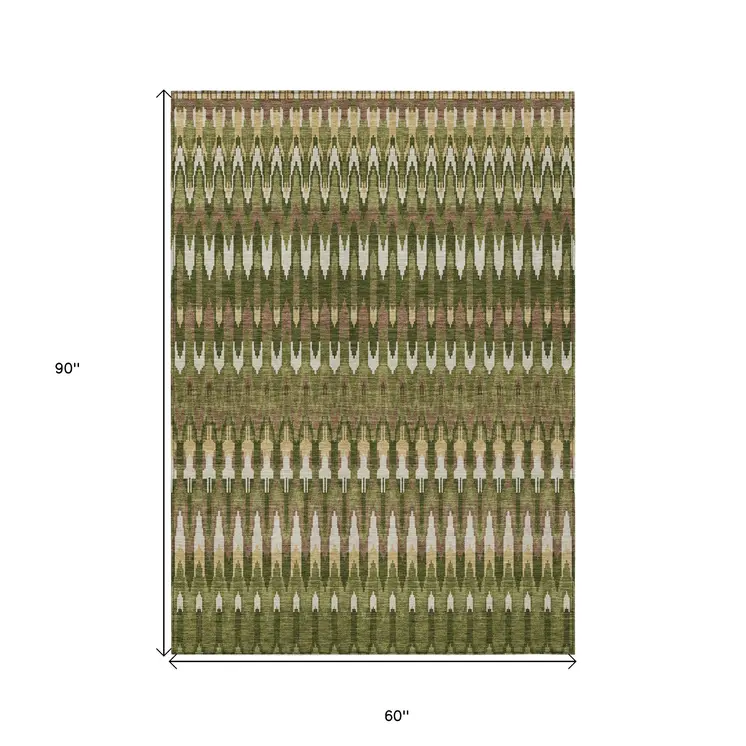 5' X 8' Olive Green Brown And Gold Southwestern Washable Indoor Outdoor Area Rug