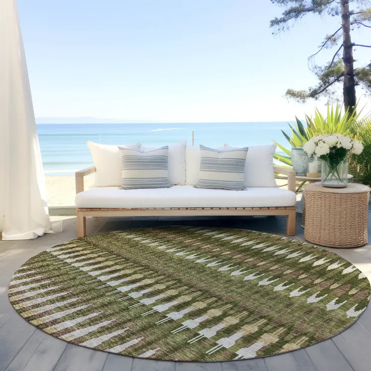 8' Olive Green Brown And Gold Round Southwestern Washable Indoor Outdoor Area Rug