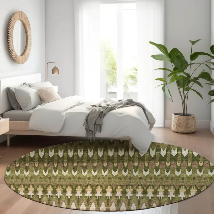8' Olive Green Brown And Gold Round Southwestern Washable Indoor Outdoor Area Rug
