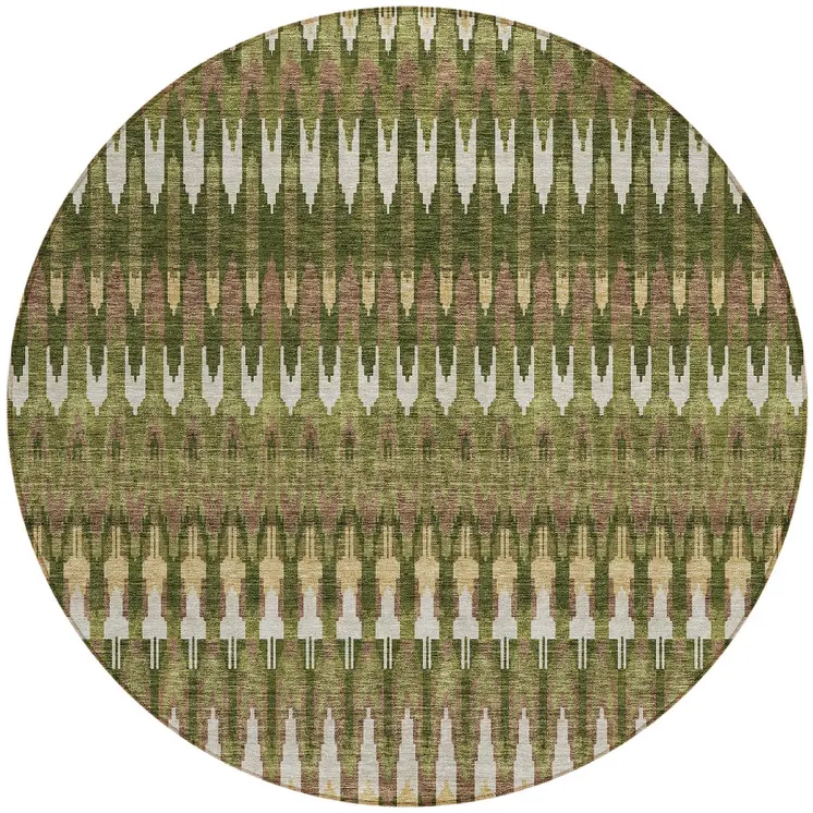 8' Olive Green Brown And Gold Round Southwestern Washable Indoor Outdoor Area Rug