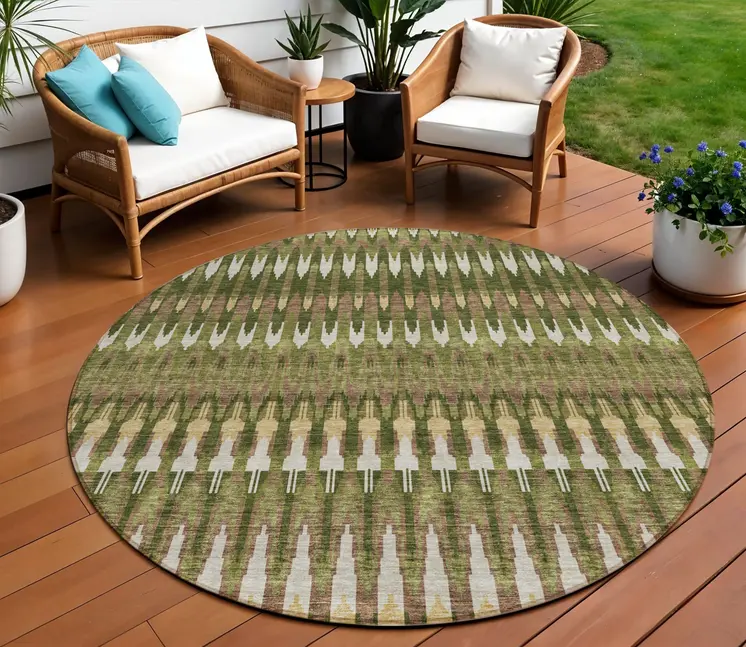 8' Olive Green Brown And Gold Round Southwestern Washable Indoor Outdoor Area Rug