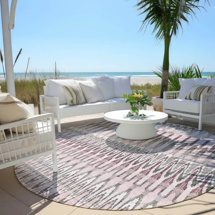 8' Pink Blush And Gray Round Southwestern Washable Indoor Outdoor Area Rug