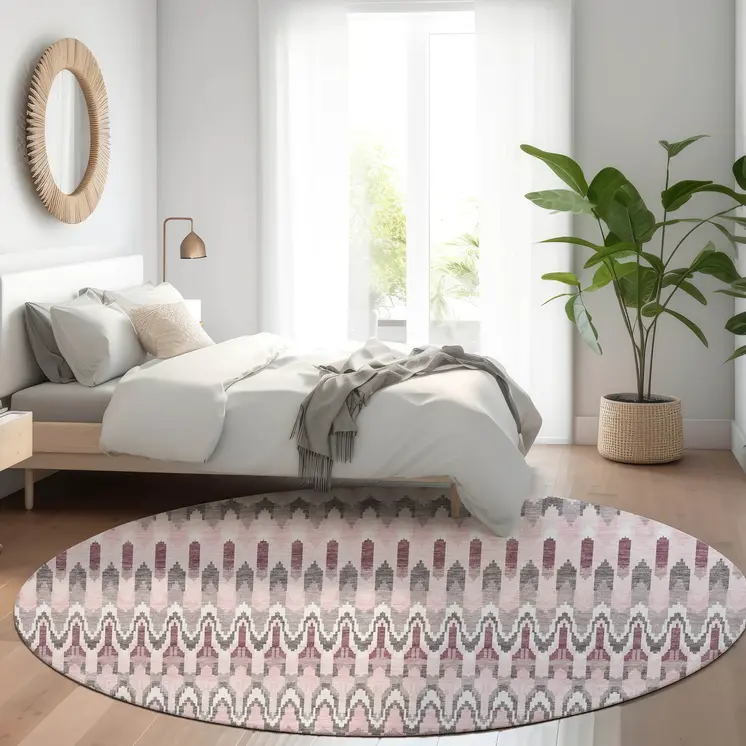 8' Pink Blush And Gray Round Southwestern Washable Indoor Outdoor Area Rug