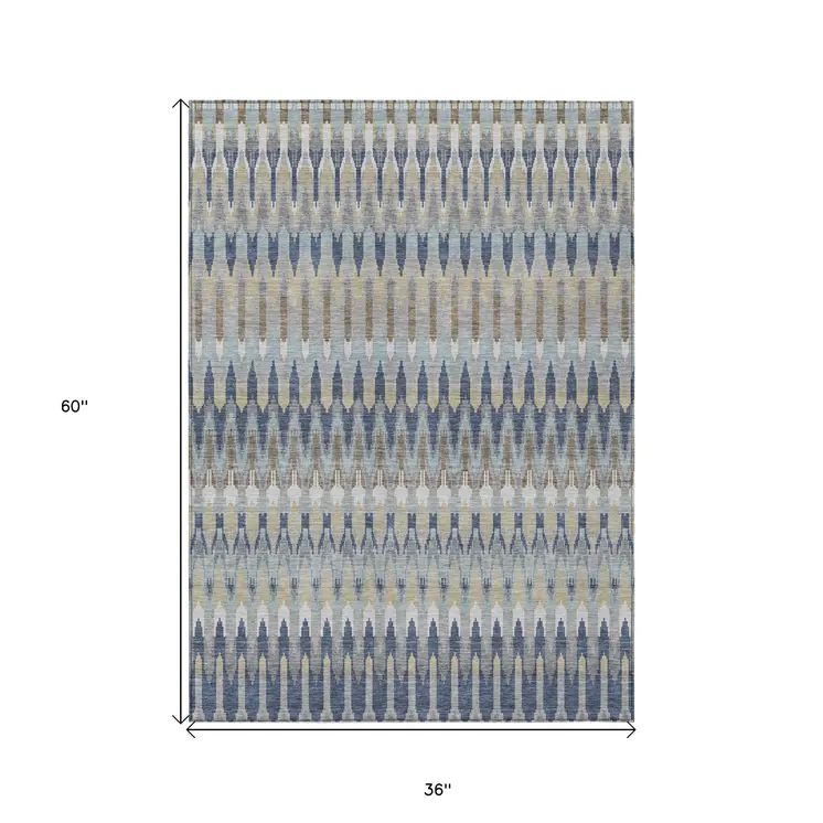 3' X 5' Taupe Navy Blue And Denim Blue Southwestern Washable Indoor Outdoor Area Rug