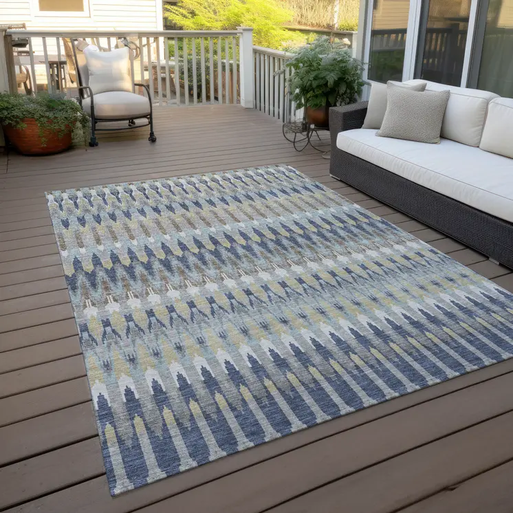 3' X 5' Taupe Navy Blue And Denim Blue Southwestern Washable Indoor Outdoor Area Rug