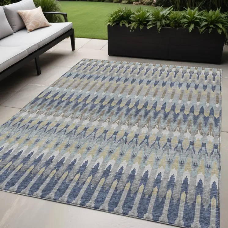 5' X 8' Taupe Navy Blue And Denim Blue Southwestern Washable Indoor Outdoor Area Rug