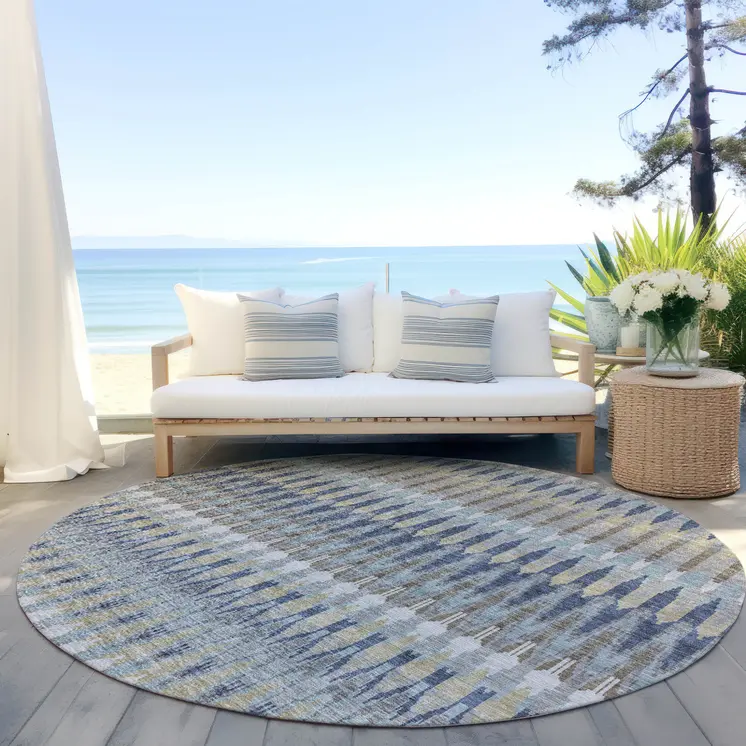 8' Taupe Navy Blue And Denim Blue Round Southwestern Washable Indoor Outdoor Area Rug