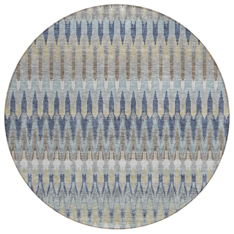 8' Taupe Navy Blue And Denim Blue Round Southwestern Washable Indoor Outdoor Area Rug