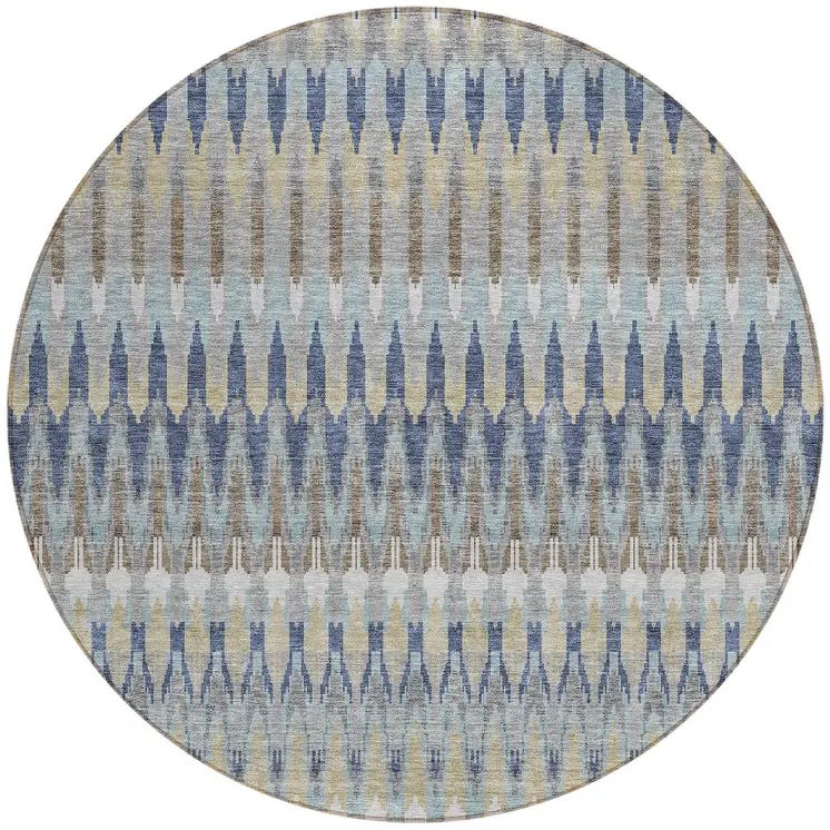 8' Taupe Navy Blue And Denim Blue Round Southwestern Washable Indoor Outdoor Area Rug